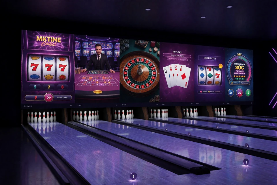 Neonbeleuchtete Spielkategorien mit Slots, Roulette und Live-Tisch im DudeSpin Online Casino