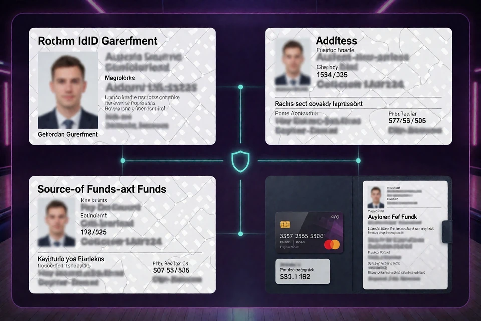 Anonymisierte KYC-Beispiele f&uuml;r Ausweis, Adresse, Zahlungsmittel und Mittelherkunft vor Casino-Auszahlung