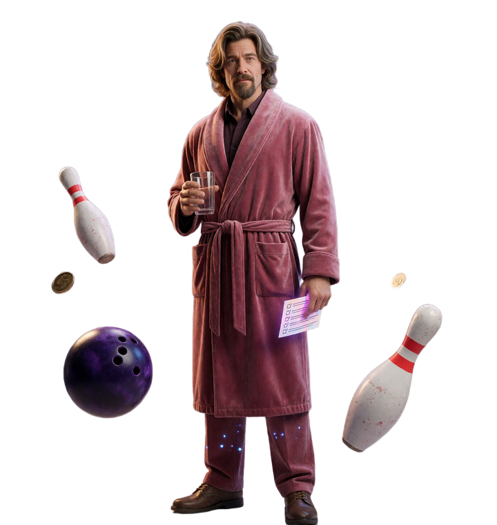 Langhaariges DudeSpin Maskottchen im rosa Bademantel pr&uuml;ft einen Online Casino Bonus mit Bowling-Pins