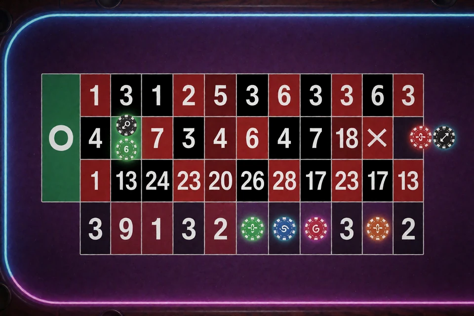Europ&auml;isches Roulette-Setzfeld mit Null, Innenwetten und Au&szlig;enwetten zur Erkl&auml;rung der Spielregeln
