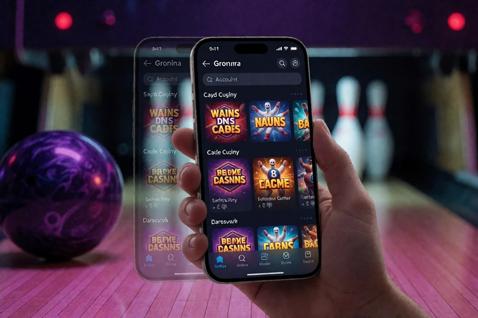 Smartphone mit mobiler DudeSpin Spielelobby und Kontozugriff im Browser vor einer Bowlingbahn